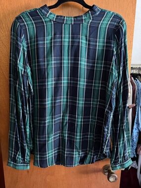 LOFT Navy and Green Plaid Button-Up Blouse